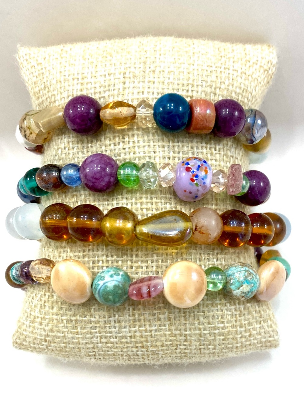 Retro Earthy Mixed Media Mineral Gemstone Glass Bead Comfort Stretch Bracelet